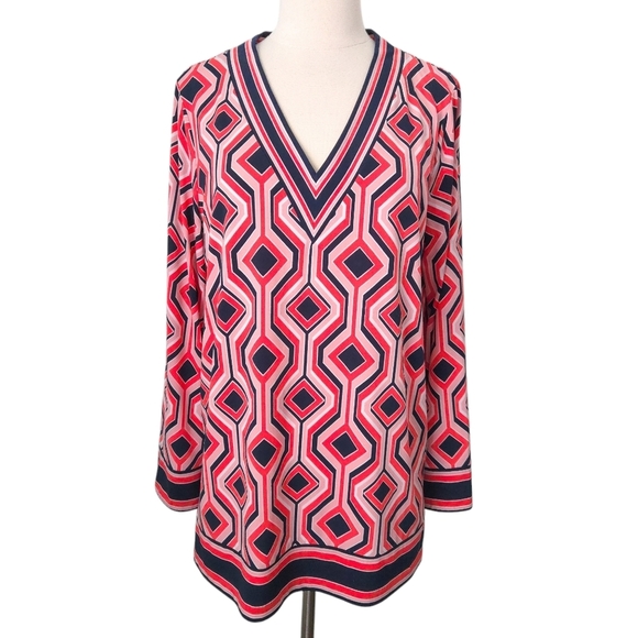Michael Kors Pink & Blue Diamond Geometric V-Neck Tunic Top- Plus Size - Picture 1 of 7